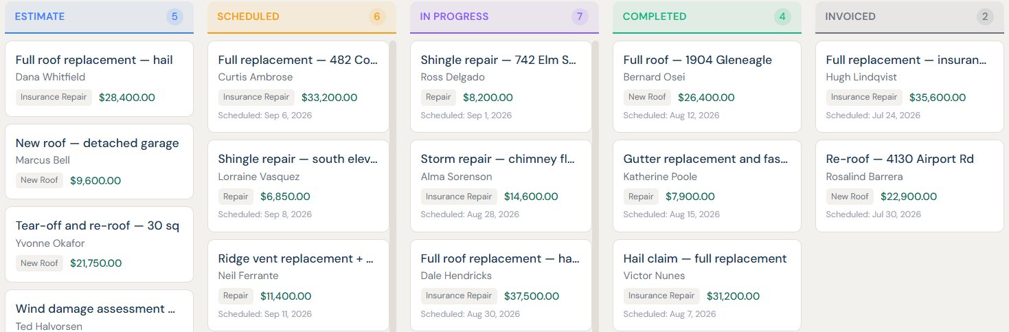 The job pipeline board in Pontura Roofing OS, with jobs in five columns: estimate, scheduled, in progress, completed and invoiced. Each card shows the customer, the job type and the value.